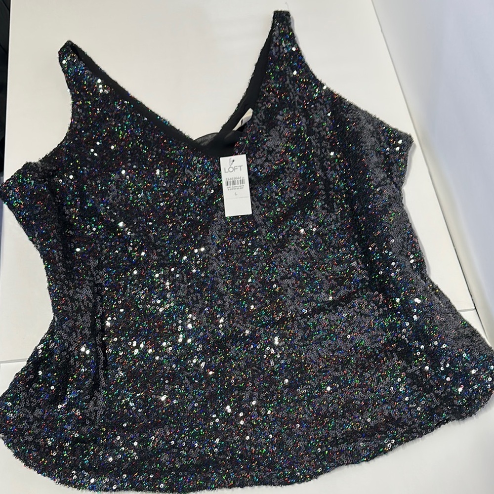 LOFT Black Sequin Asymmetrical Tank Top